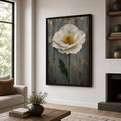 White Poppy Weathered Blue Wall Art floating frame wall art - 02b_black_wall_scene_full