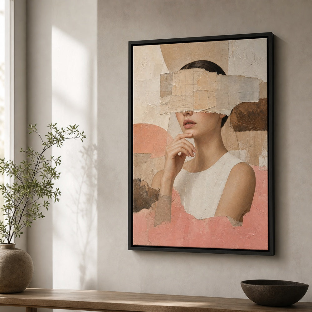 Obscured Eyes Collage Woman Portrait Wall Art floating frame wall art - 02b_black_wall_scene_full