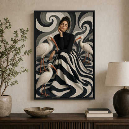 Woman Black White Stripes White Birds Wall Art floating frame wall art - 02b_black_wall_scene_full