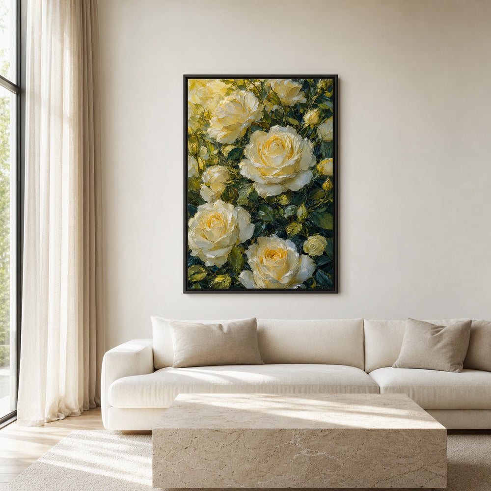 Cream White Roses Impasto Floral Wall Art - 02b_black_frame_diverse_wall_scene
