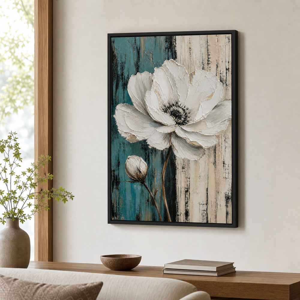 White Flower Blue Beige Stripes Wall Art floating frame wall art - 02b_black_wall_scene_full