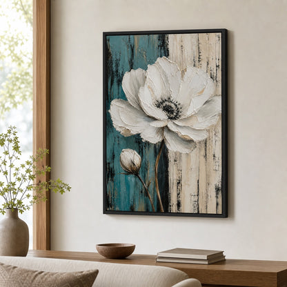 White Flower Blue Beige Stripes Wall Art floating frame wall art - 02b_black_wall_scene_full