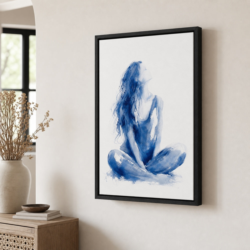 Blue Ink Seated Woman Abstract Wall Art floating frame wall art - 02b_black_wall_scene_full