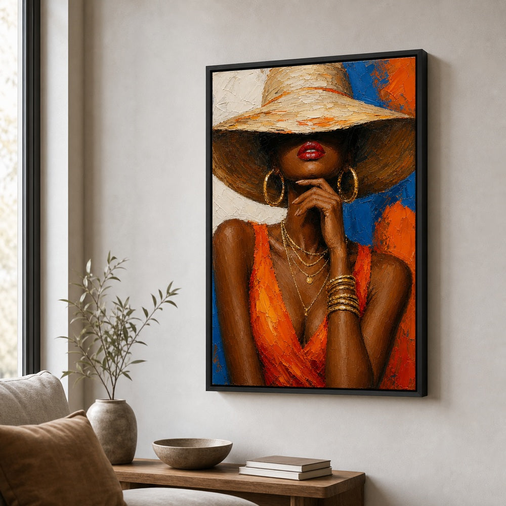 Black Woman Hat Orange Fashion Impasto Wall Art floating frame wall art - 02b_black_wall_scene_full