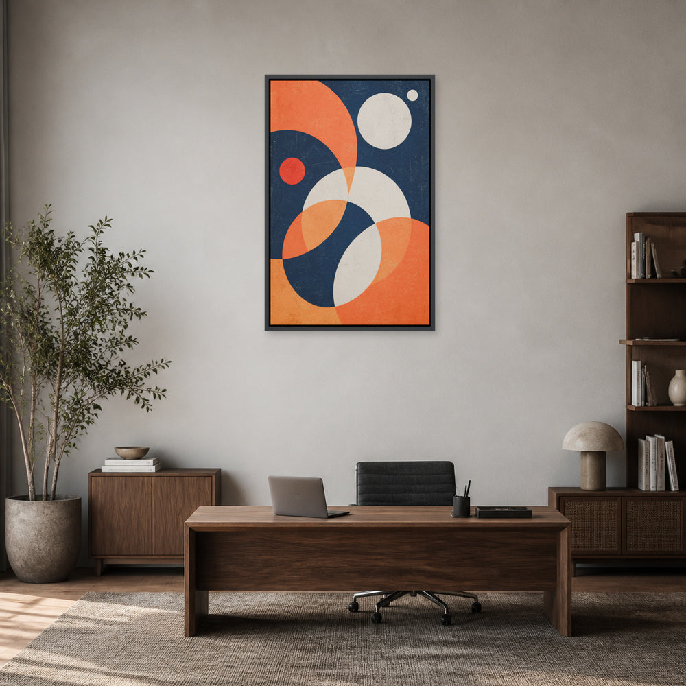 Navy Bauhaus Orbit Abstract Floating Frame Wall Art - 02b_black_frame_wall_scene