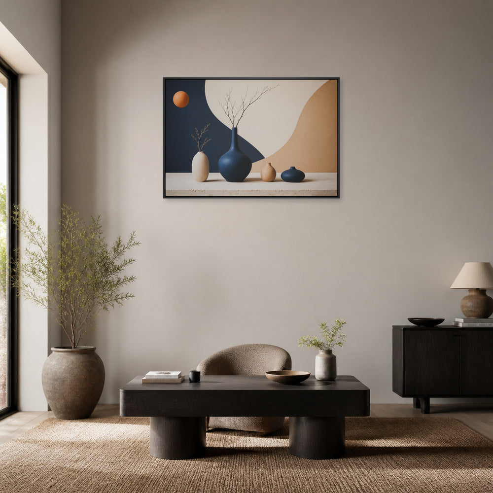 Modernist Ceramic Vase Still Life Floating Frame Wall Art - 02b_black_frame_wall_scene
