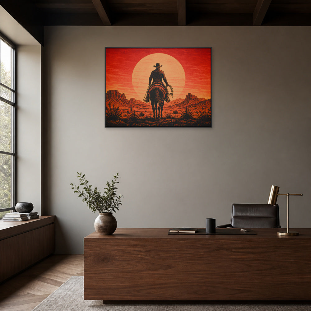 Cowboy Sunset Western Floating Frame Wall Art - 02b_black_frame_wall_scene