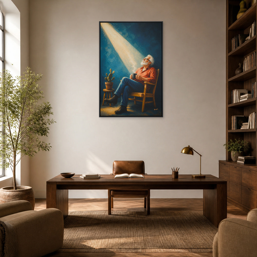 Elderly Man in a Beam of Light Floating Frame Wall Art - 02b_black_frame_wall_scene