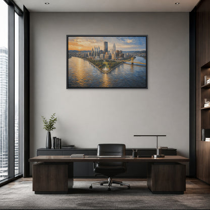 Pittsburgh Three Rivers Skyline Floating Frame Wall Art - 02b_black_frame_wall_scene