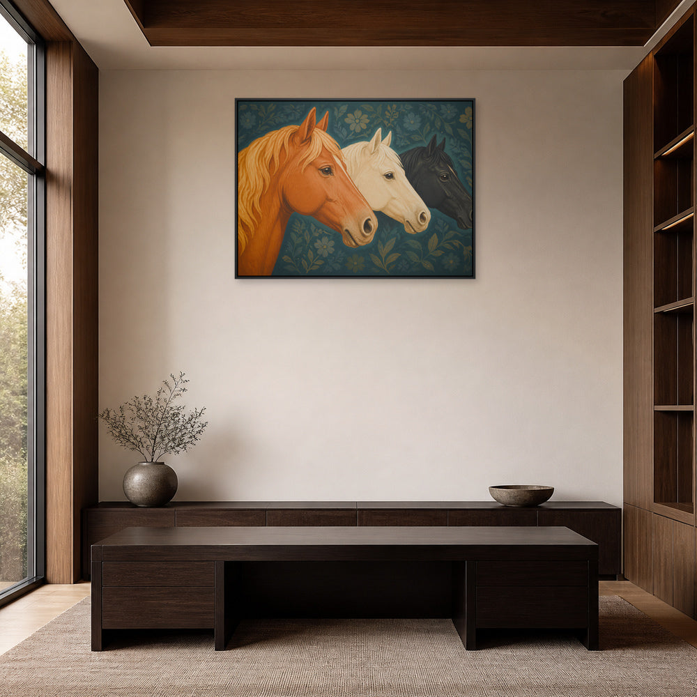 Three Horse Heads Brocade Floating Frame Wall Art - 02b_black_frame_wall_scene