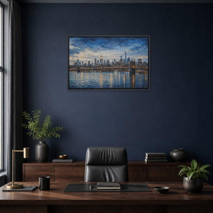 New York Blue Hour Skyline Floating Frame Wall Art - 02b_black_frame_wall_scene
