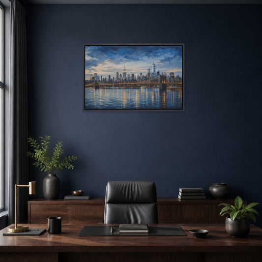 New York Blue Hour Skyline Floating Frame Wall Art - 02b_black_frame_wall_scene