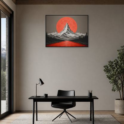 Orange Moon Red River Mountain Floating Frame Wall Art - 02b_black_frame_wall_scene