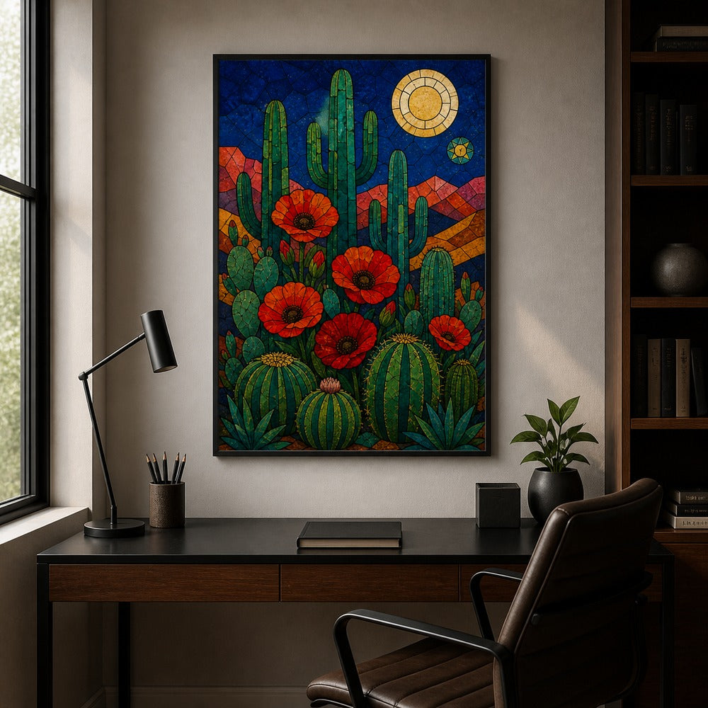 Stained Glass Desert Cactus and Poppy Wall Art | Black Frame office wall scene