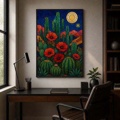 Stained Glass Desert Cactus and Poppy Wall Art | Black Frame office wall scene