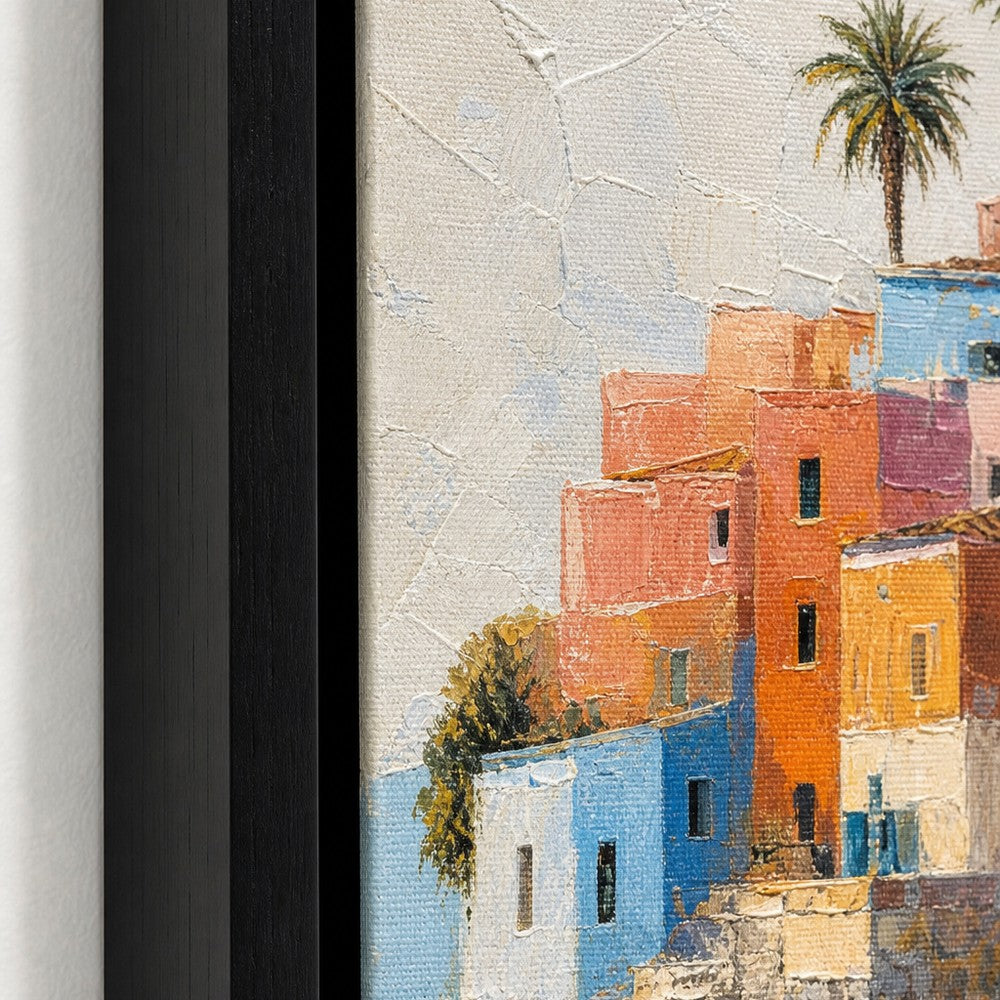 Colorful Mediterranean Coastal Village Floater Frame Canvas Wall Art — close-up detail in a floater frame