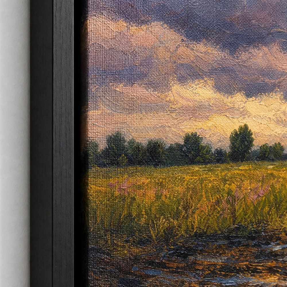 Storm Clouds Over Open Field Floater Frame Canvas Wall Art — close-up detail in a floater frame