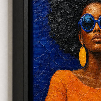 Confident Woman with Blue Sunglasses Floater Frame Canvas Wall Art — close-up detail in a floater frame