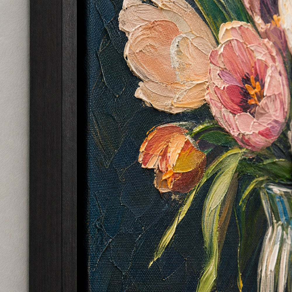 Pink and White Tulips in Glass Vase Floater Frame Canvas Wall Art — close-up detail in a floater frame