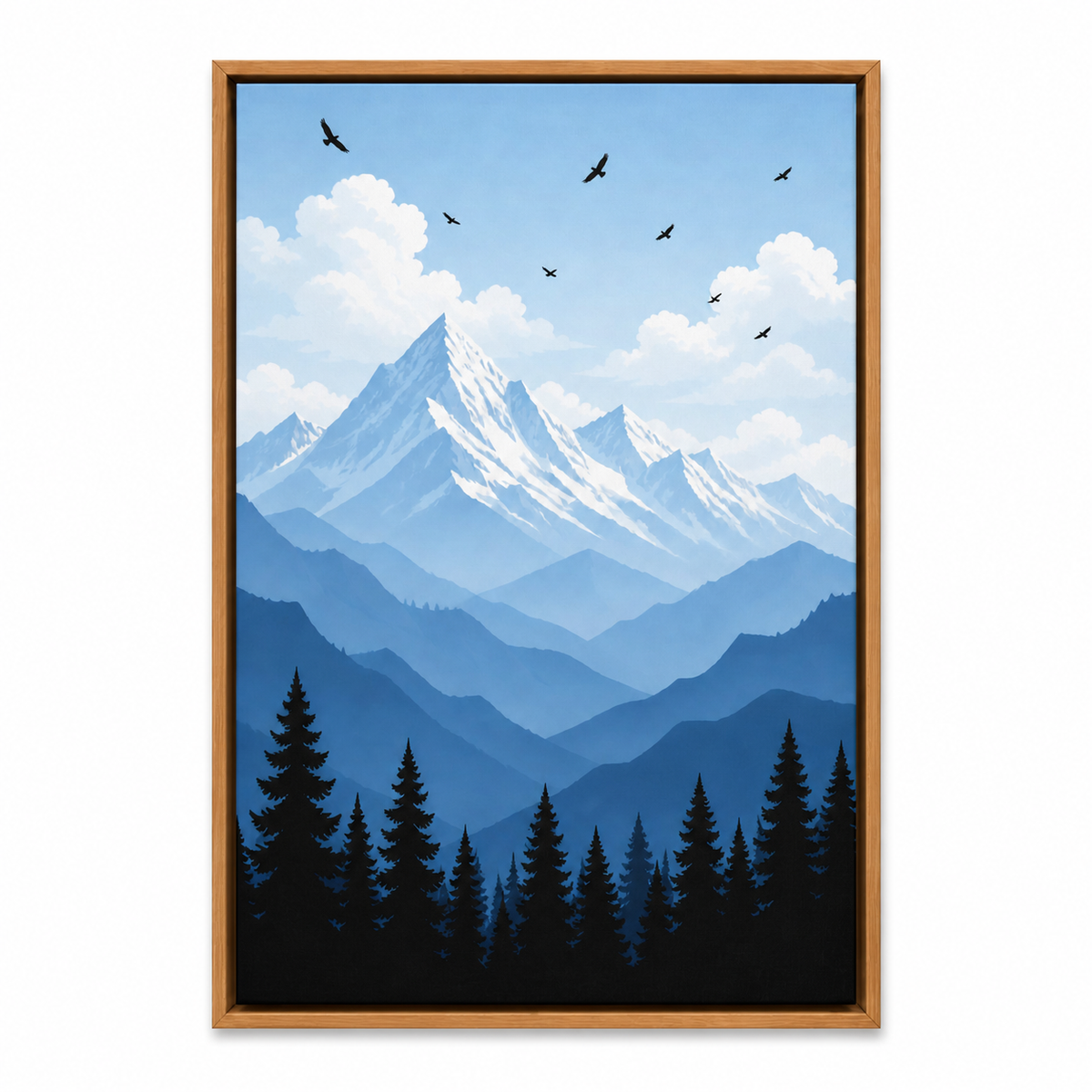 Blue Mountain Pine Forest Floating Frame Wall Art - Brown Frame white background SKU