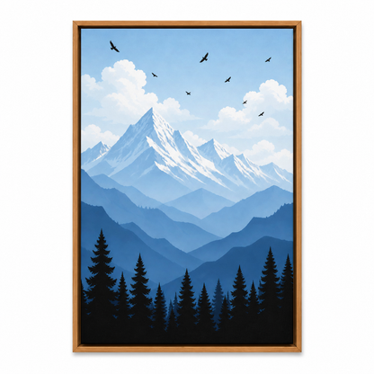 Blue Mountain Pine Forest Floating Frame Wall Art - Brown Frame white background SKU