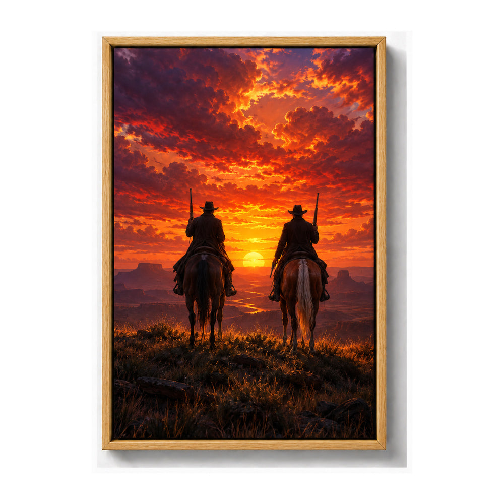 two anonymous cowboys in sunset silhouette brown frame canvas print