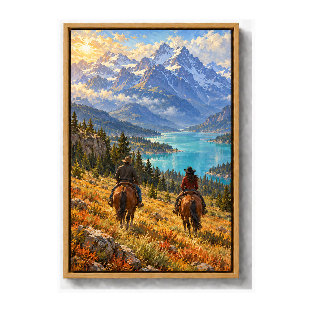 two anonymous Western riders in alpine lake valley brown frame canvas print