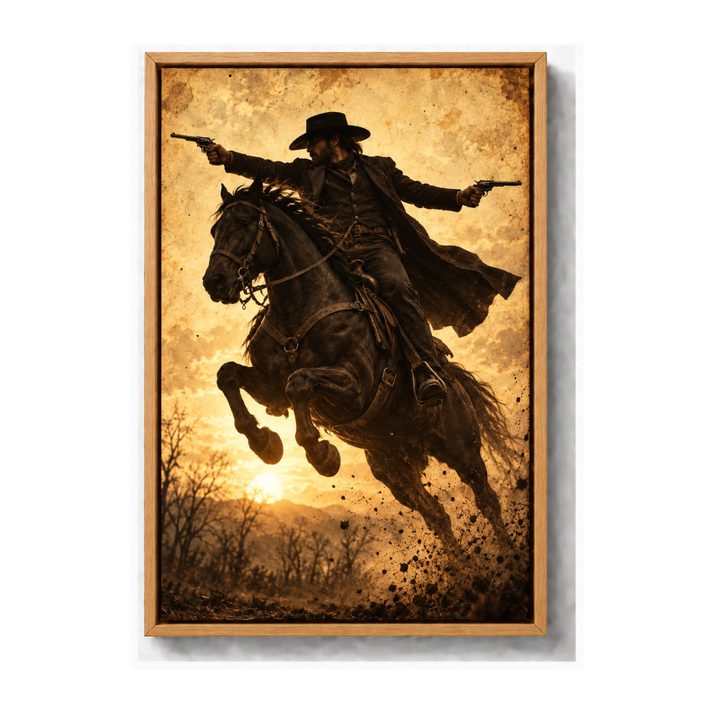 anonymous outlaw cowboy riding horse with twin revolvers brown frame canvas print