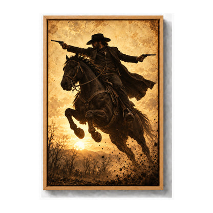 anonymous outlaw cowboy riding horse with twin revolvers brown frame canvas print