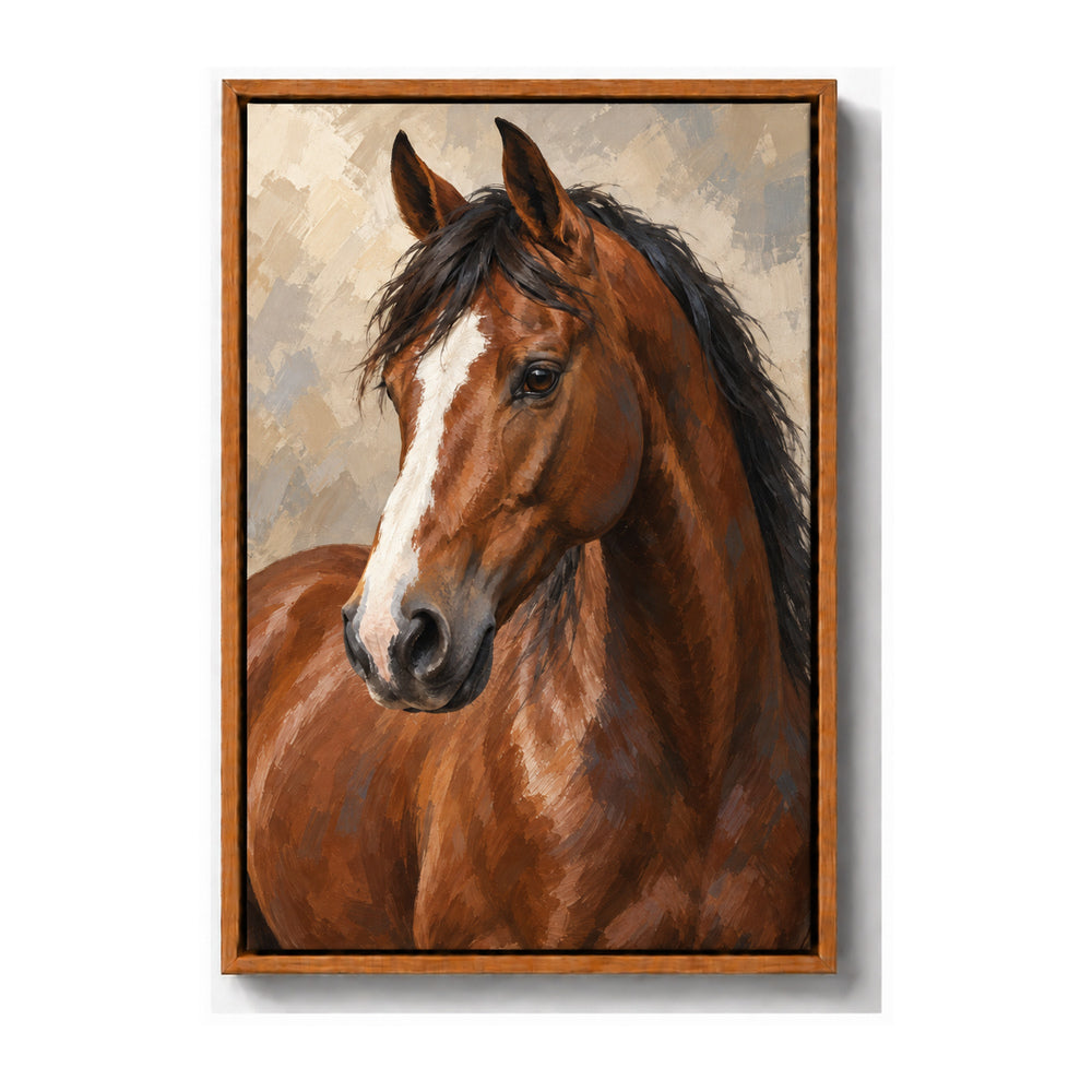 chestnut horse oil-painting-style portrait brown frame canvas print