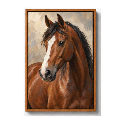 chestnut horse oil-painting-style portrait brown frame canvas print
