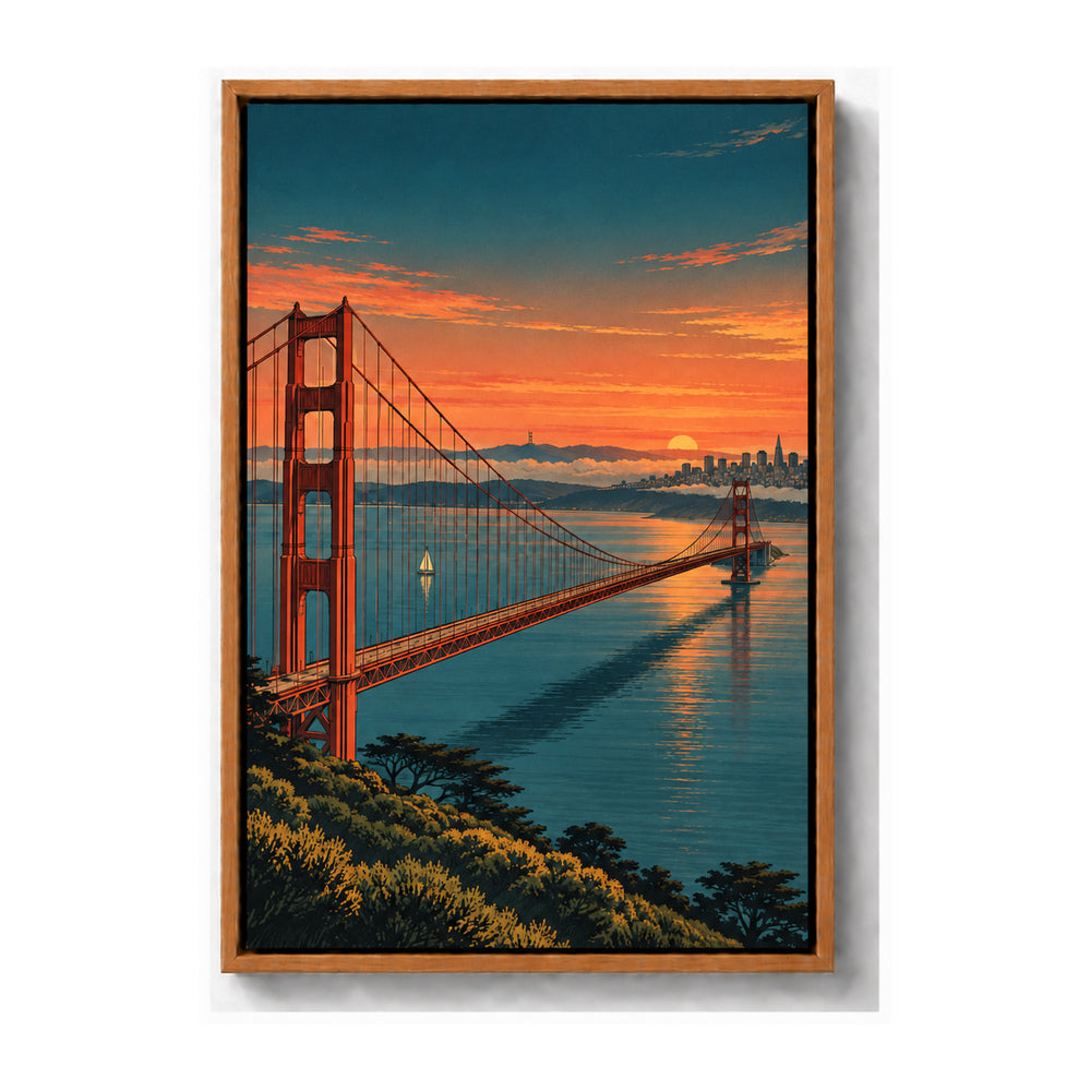 Golden Gate Bridge over bay at dusk from high overlook brown frame canvas print