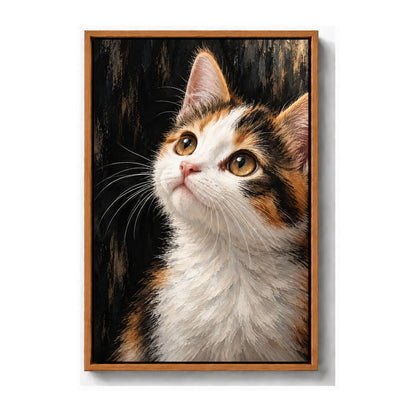calico kitten oil-painting-style portrait brown frame canvas print