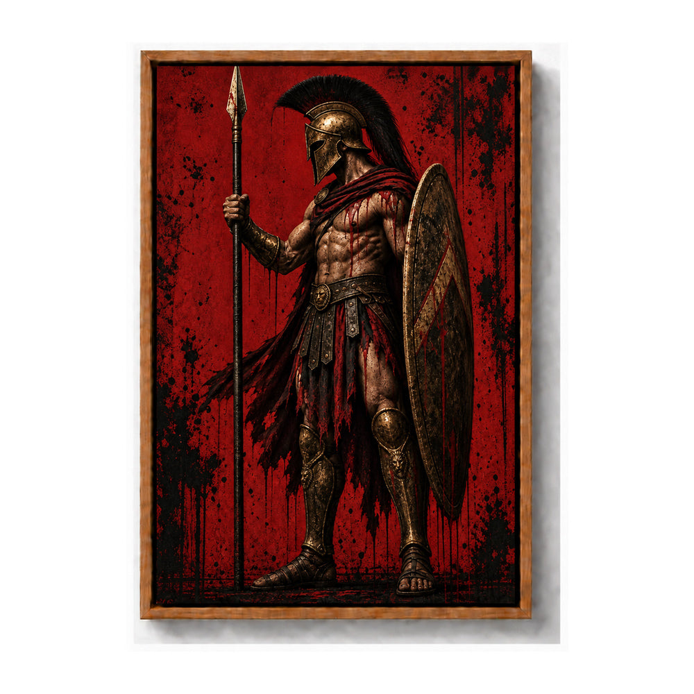 ancient Greek hoplite warrior in crimson grunge composition brown frame canvas print