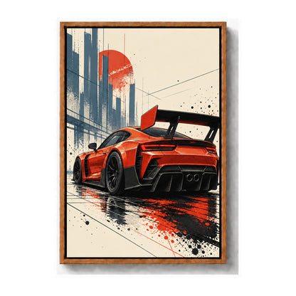 original red-orange track car comic artwork brown frame canvas print