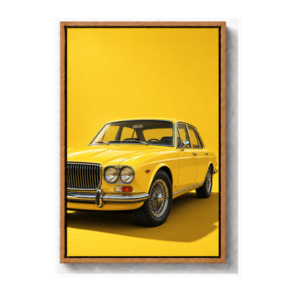 original yellow vintage sedan in clean studio setting brown frame canvas print