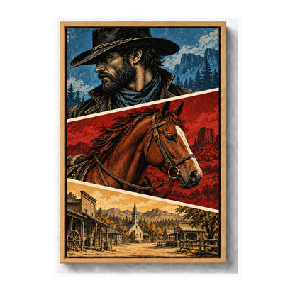 original cowboy horse and frontier buildings three-panel comic brown frame canvas print