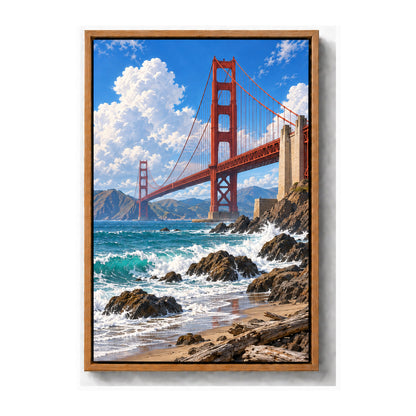 Golden Gate Bridge above rocky coast and breaking waves brown frame canvas print