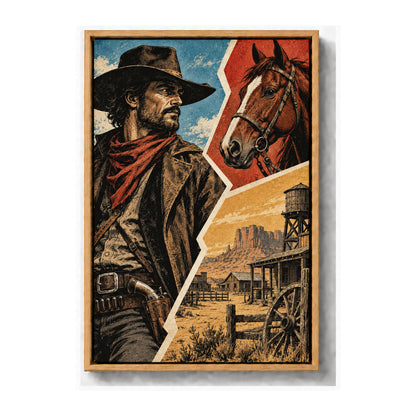 original cowboy horse and frontier buildings zigzag comic brown frame canvas print