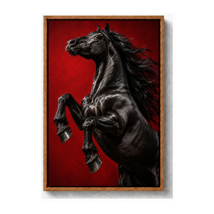 black rearing horse against deep red studio backdrop brown frame canvas print