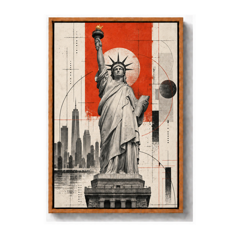 Statue of Liberty architectural collage brown frame canvas print
