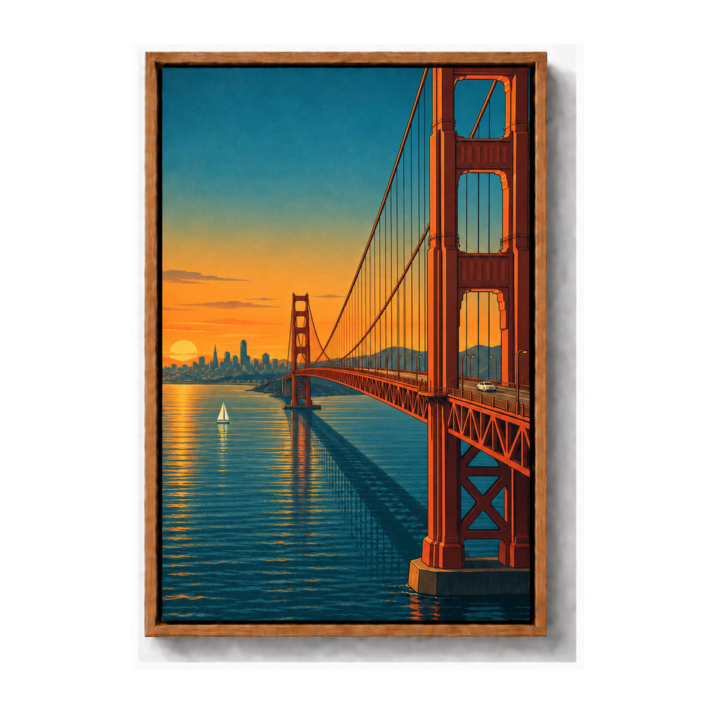 Golden Gate Bridge sunset travel poster from bridge deck brown frame canvas print