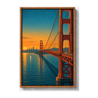 Golden Gate Bridge sunset travel poster from bridge deck brown frame canvas print