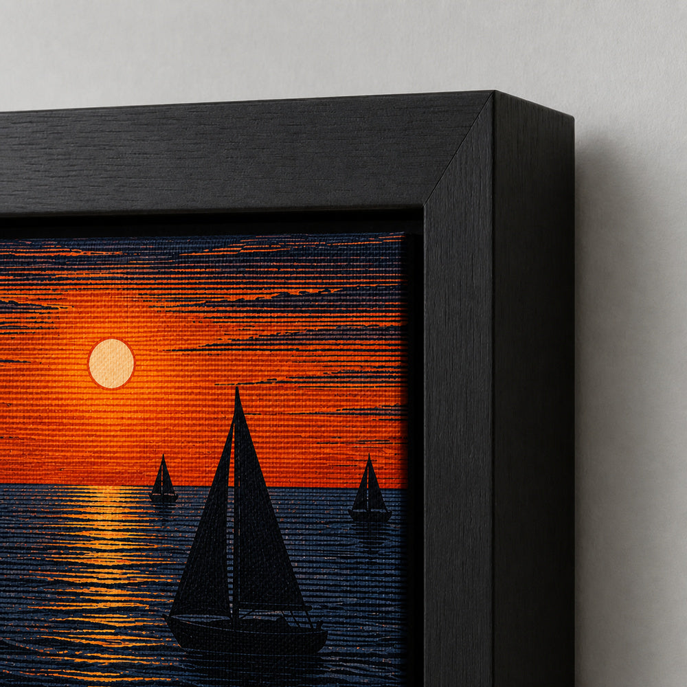 Five Sailboats Sunset Woodcut Floating Frame Wall Art - 03_detail_closeup