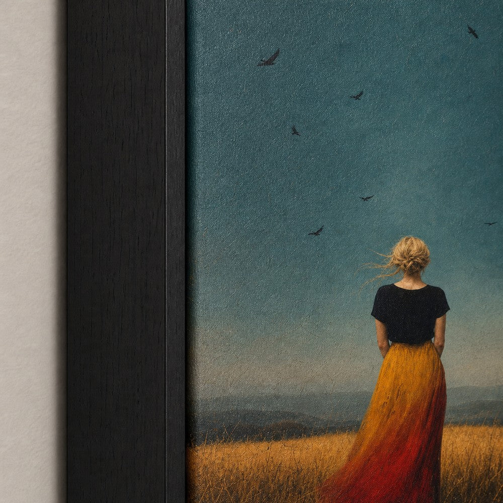 Blonde Woman Gold Grass Teal Sky Wall Art floating frame wall art - 03_detail_closeup