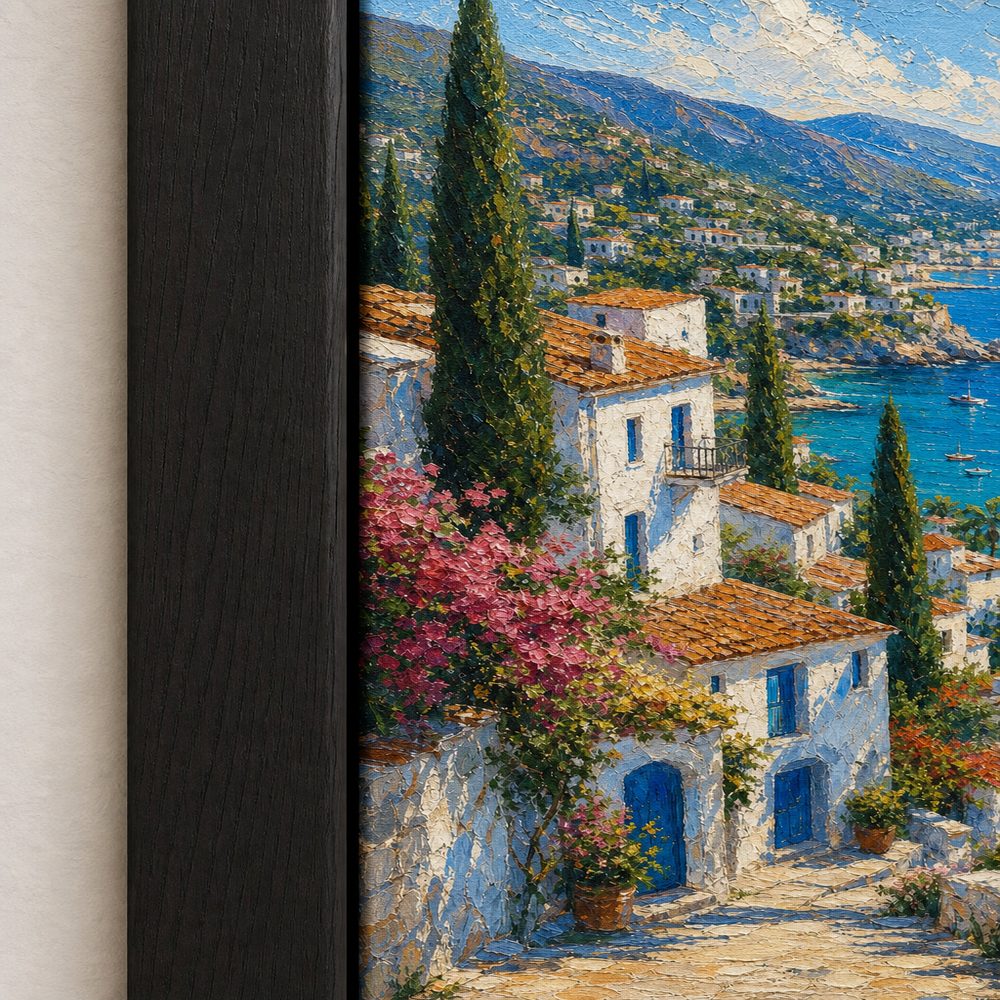 Mediterranean Coastal Village Impasto Wall Art floating frame wall art - 03_detail_closeup