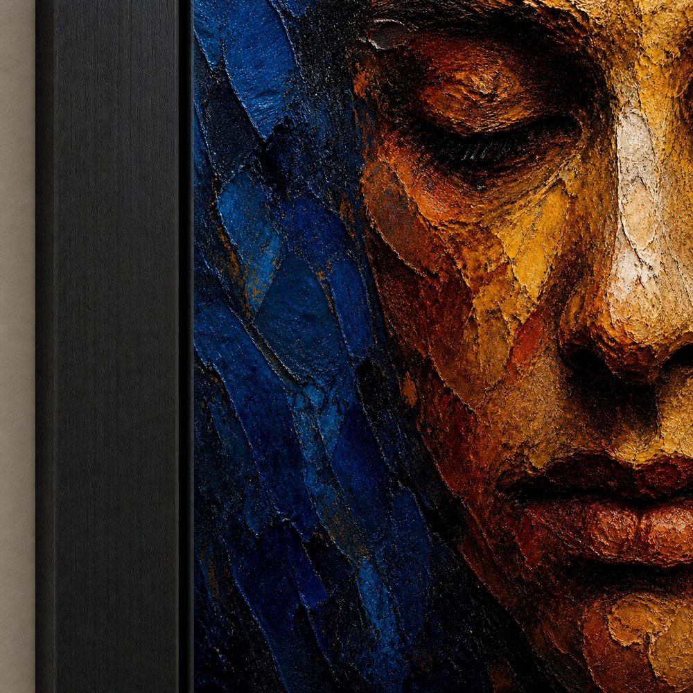 Abstract Impasto Face Blue Ochre Wall Art floating frame wall art - 03_detail_closeup