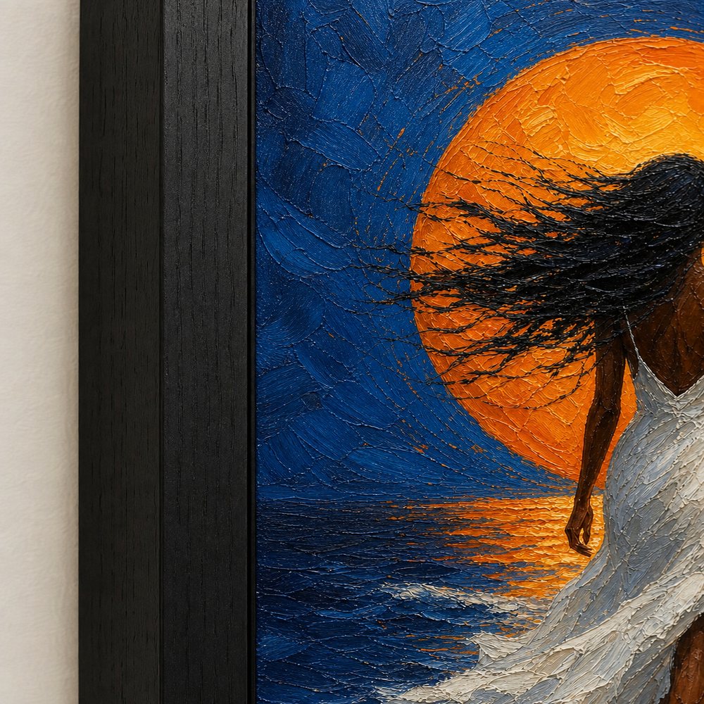 Woman White Dress Orange Sun Ocean Wall Art floating frame wall art - 03_detail_closeup