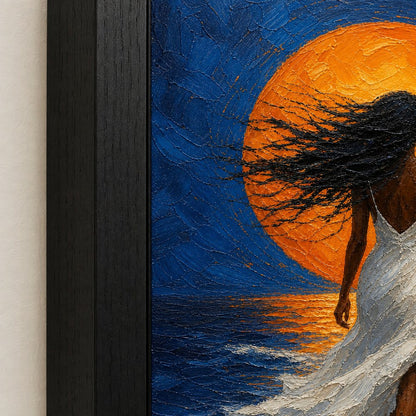 Woman White Dress Orange Sun Ocean Wall Art floating frame wall art - 03_detail_closeup