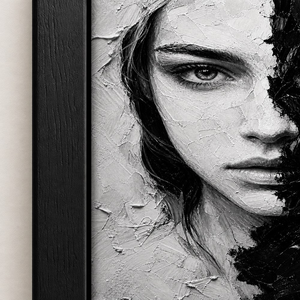 Black White Impasto Split Face Wall Art floating frame wall art - 03_detail_closeup